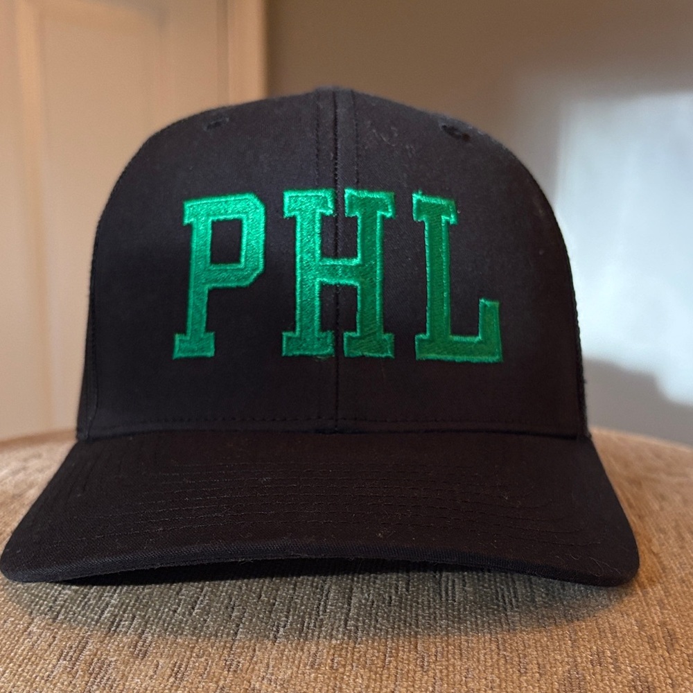 Black Baseball Cap with Green PHL Embroidery